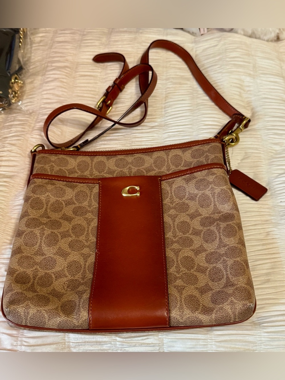 Coach Brown Signature Canvas Crossbody with Leather Trim